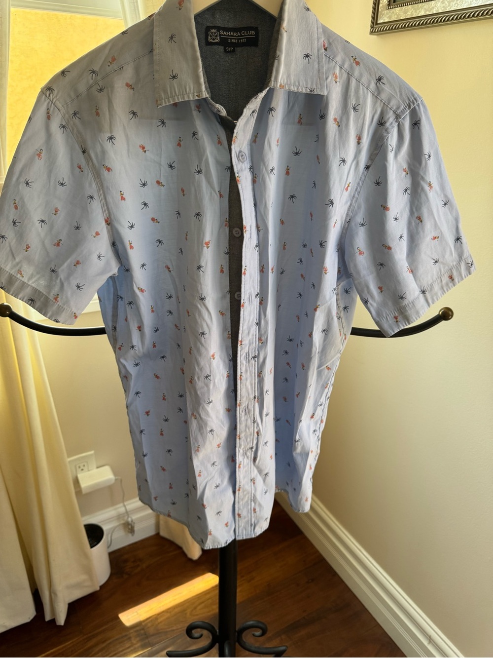 Sahara Club Men Light Blue Palm-Print Short Sleeve Shirt Size Small